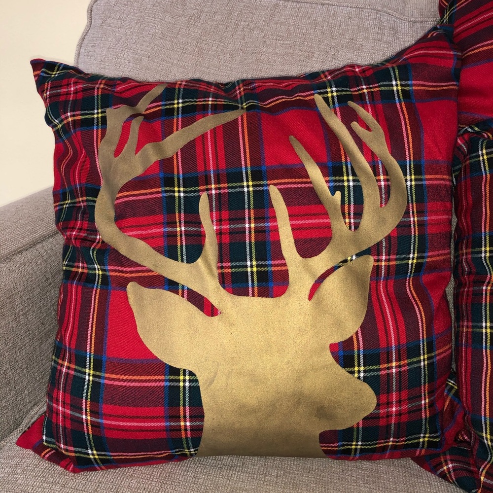 4 Plaid & Gold Reindeer Christmas Throw Pillows